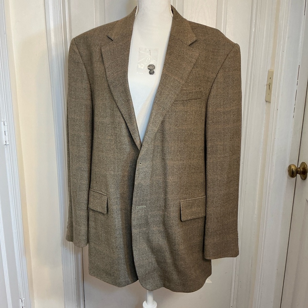 Oscar de la Renta Wool Herringbone Tweed Sport Coat Blazer Brown Tan ~42R - Picture 1 of 12